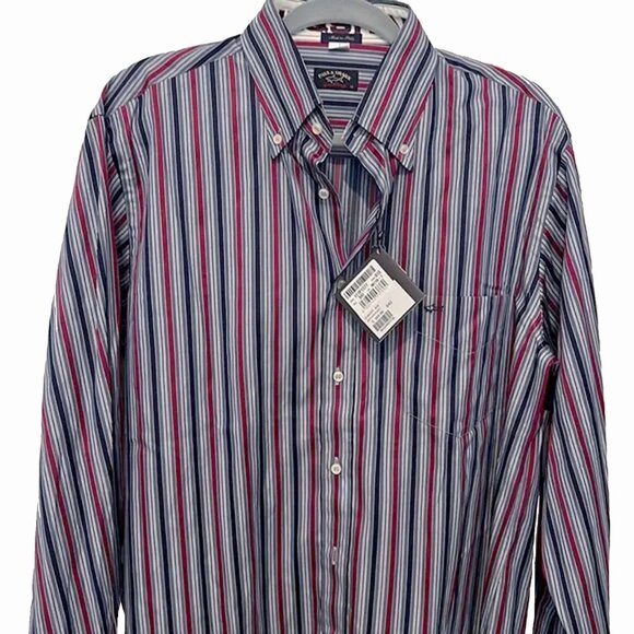 NEW $269 Paul & Shark Shirt!  Large  Colorful Stripes  Navy White Maroon  ITALY - Picture 1 of 2